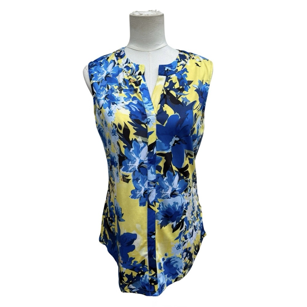 Tango Mango Womens Small Floral Blouse Blue Yellow Sleeveless Stretch Top